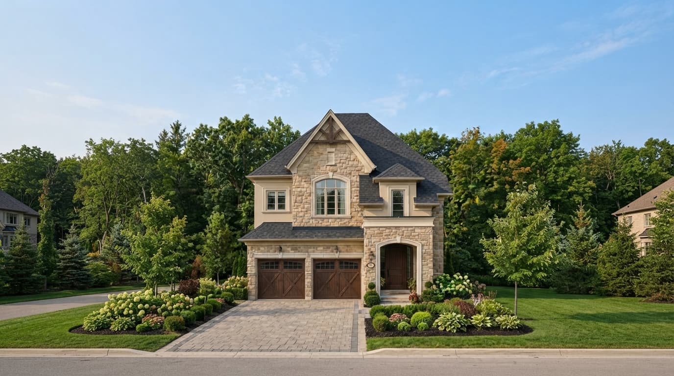 Illustrative rendering of a stone-front detached home with a landscaped driveway