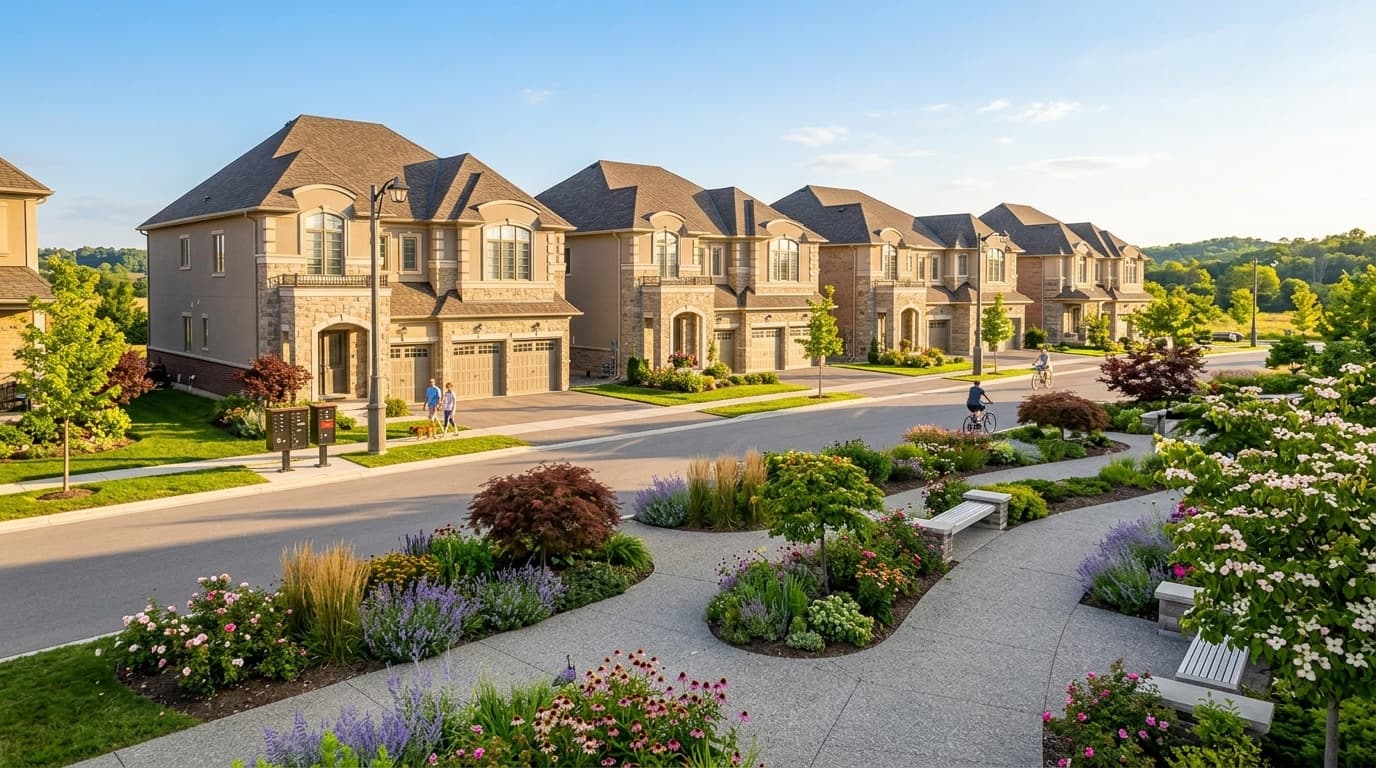 Illustrative streetscape of detached homes and gardens, not an actual neighbourhood photograph