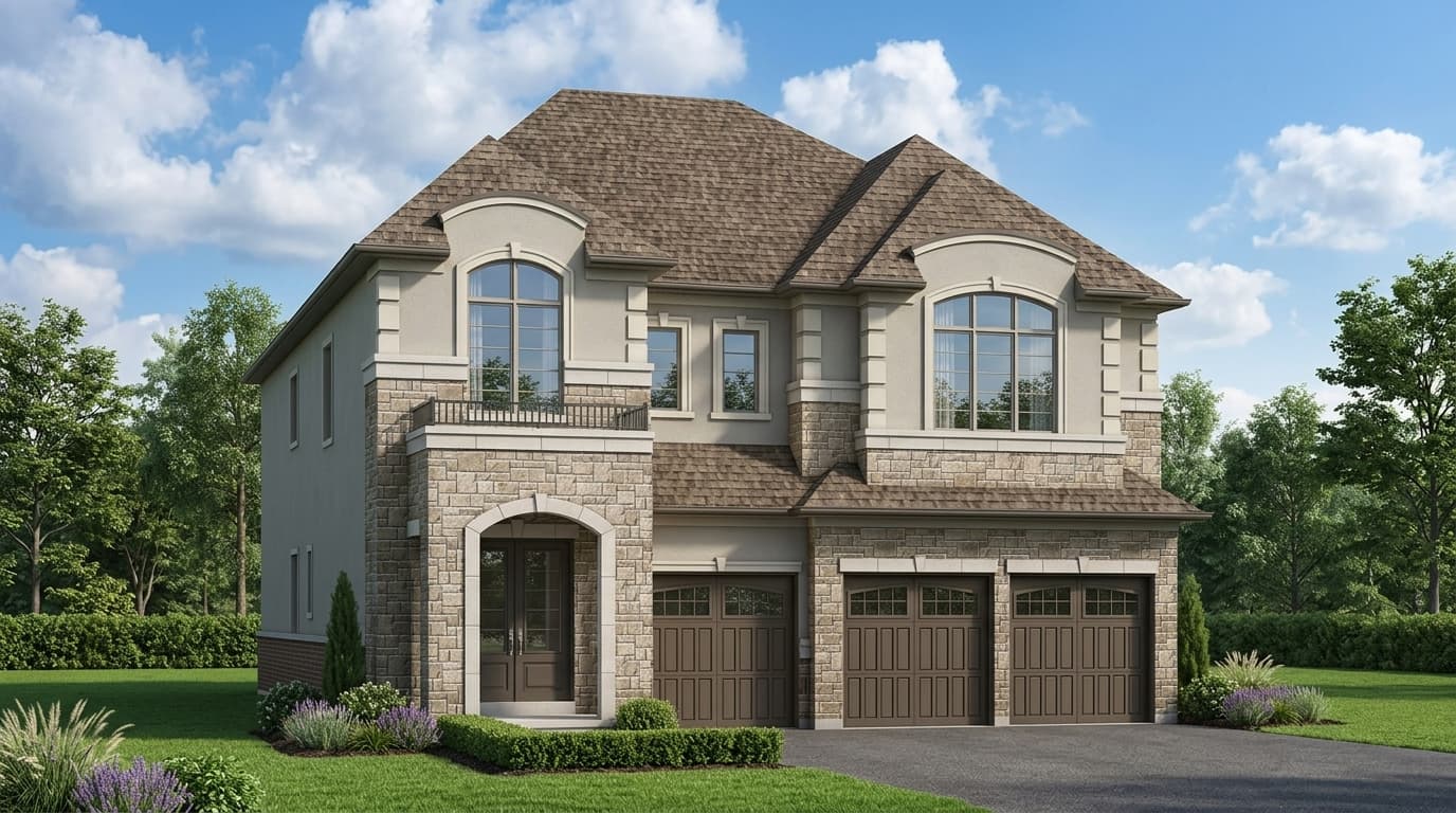 Illustrative architectural rendering showing exterior stonework and tall windows