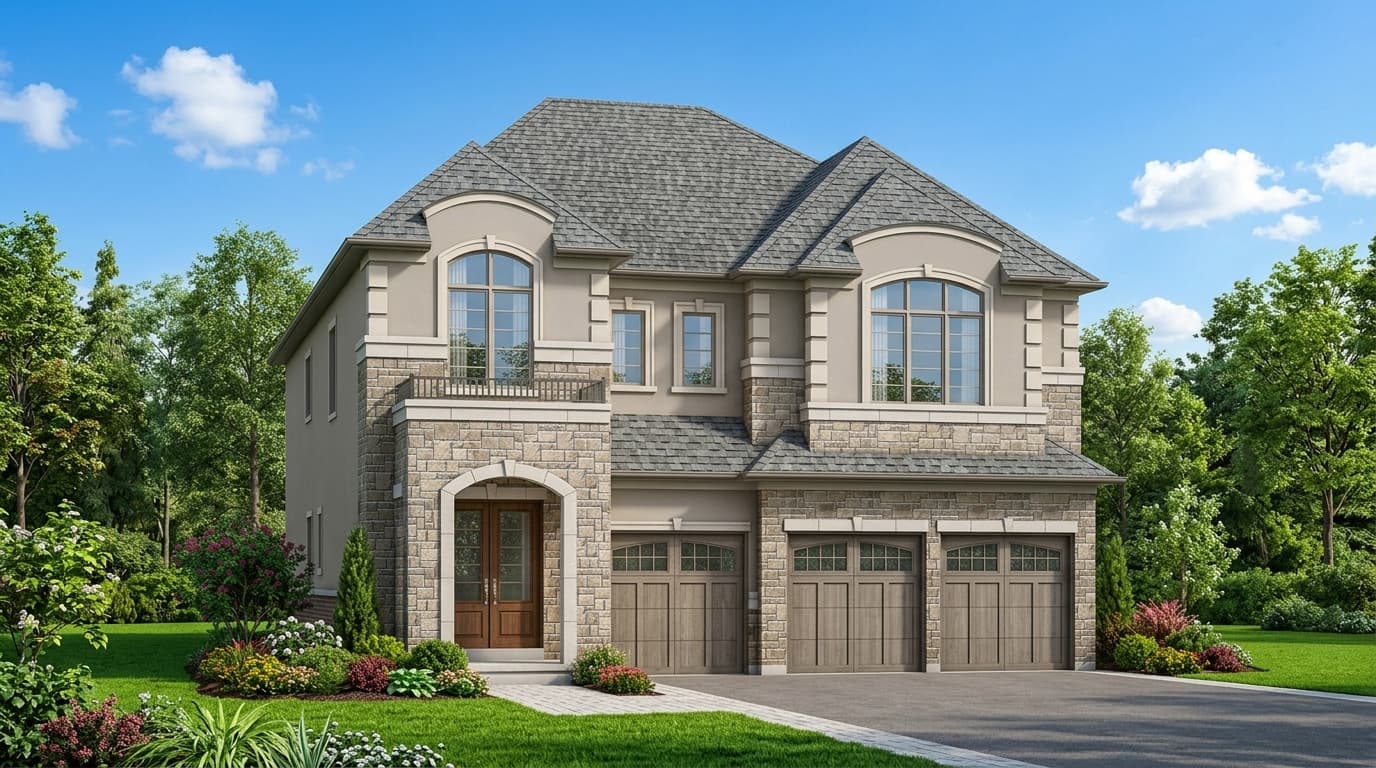 Illustrative rendering of a detached home with a stone façade and landscaped front garden